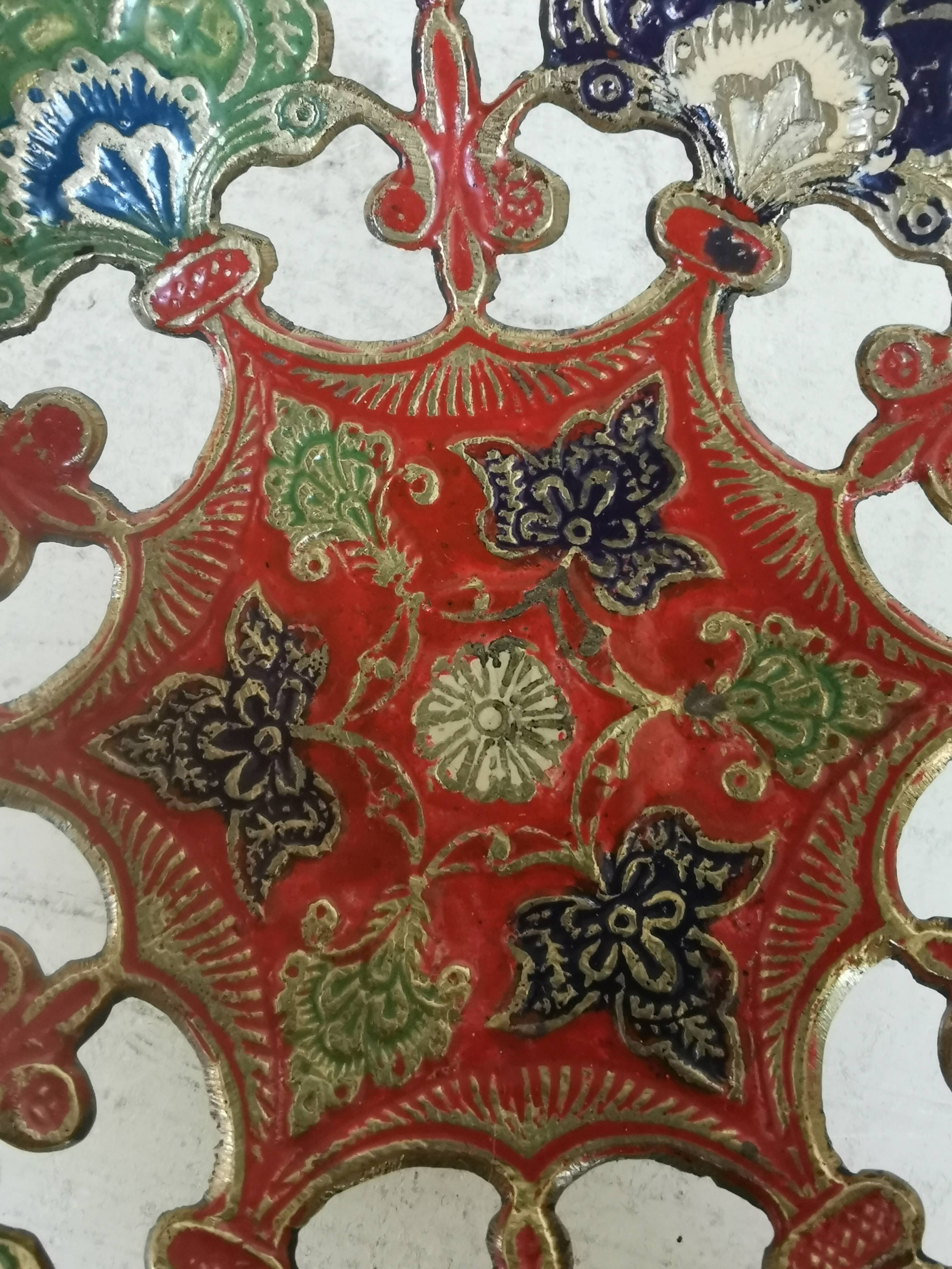 Vintage Brass Pedestal Bowl: Floral Motif, Red Blue Green Painted