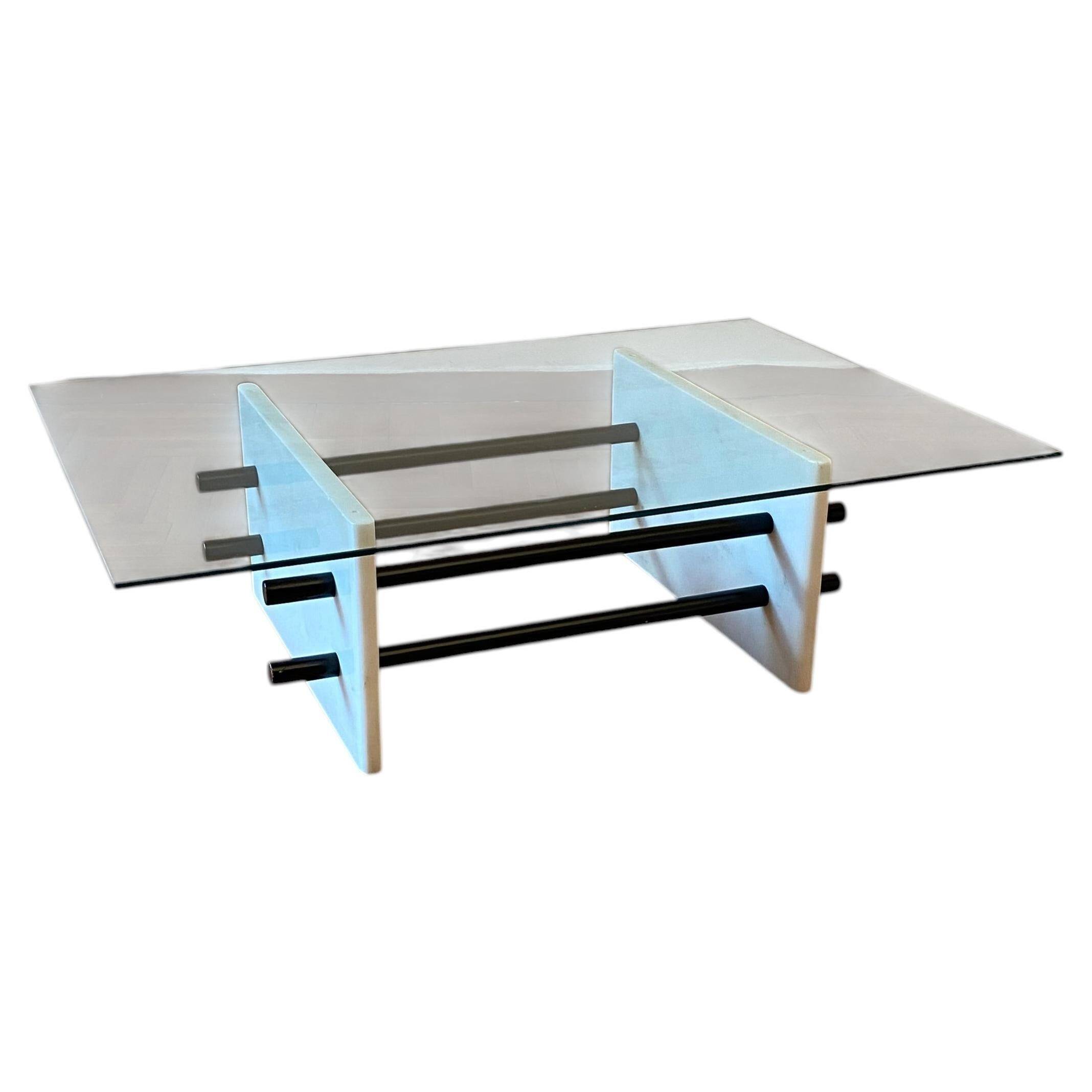 1980s White Marble Rectangular Coffee Table Postmodern Glass