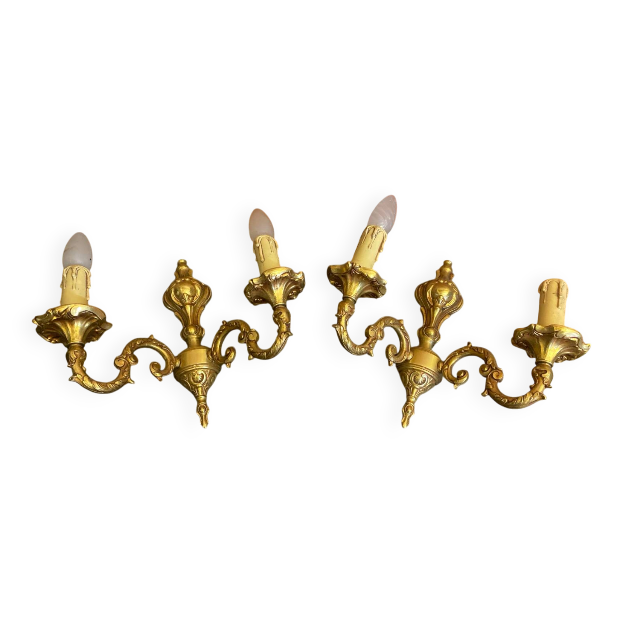Pair of Double Wall Lights in Antique Louis XV Style, Gilded Bronze Vintage #D67
