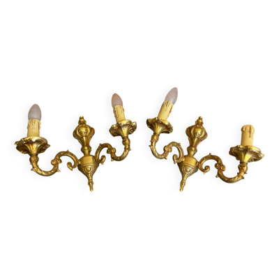Paire Applique Double Ancienne Style LOUIS XV Bronze Doré Vintage #D67