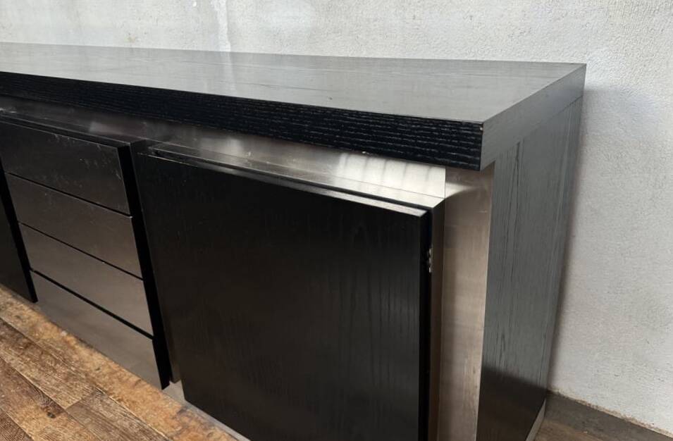 Vintage wooden and aluminum sideboard designed by the 1970s with 3 doors and 4 drawers