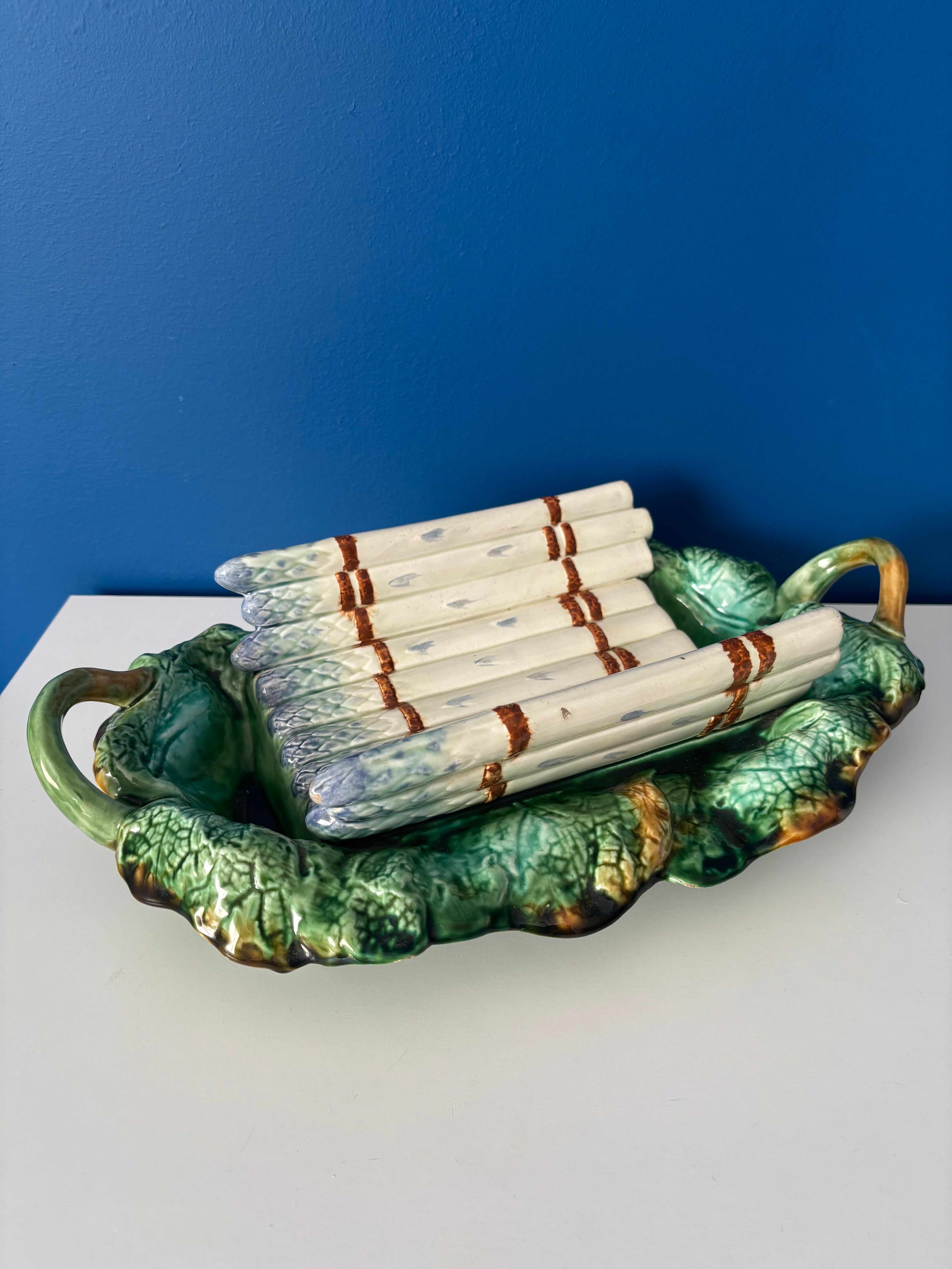 Antique asparagus dish in barbotine – Barbotine serving dish