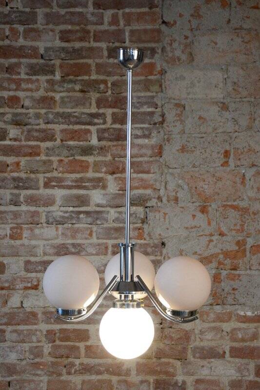 Art Deco Chandelier in Chrome-Plated Steel and Opal Glass, Czech, 1920s
