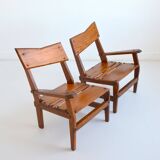 Armchairs convertible into Brutalist Bench in solid wood 1940 vintage