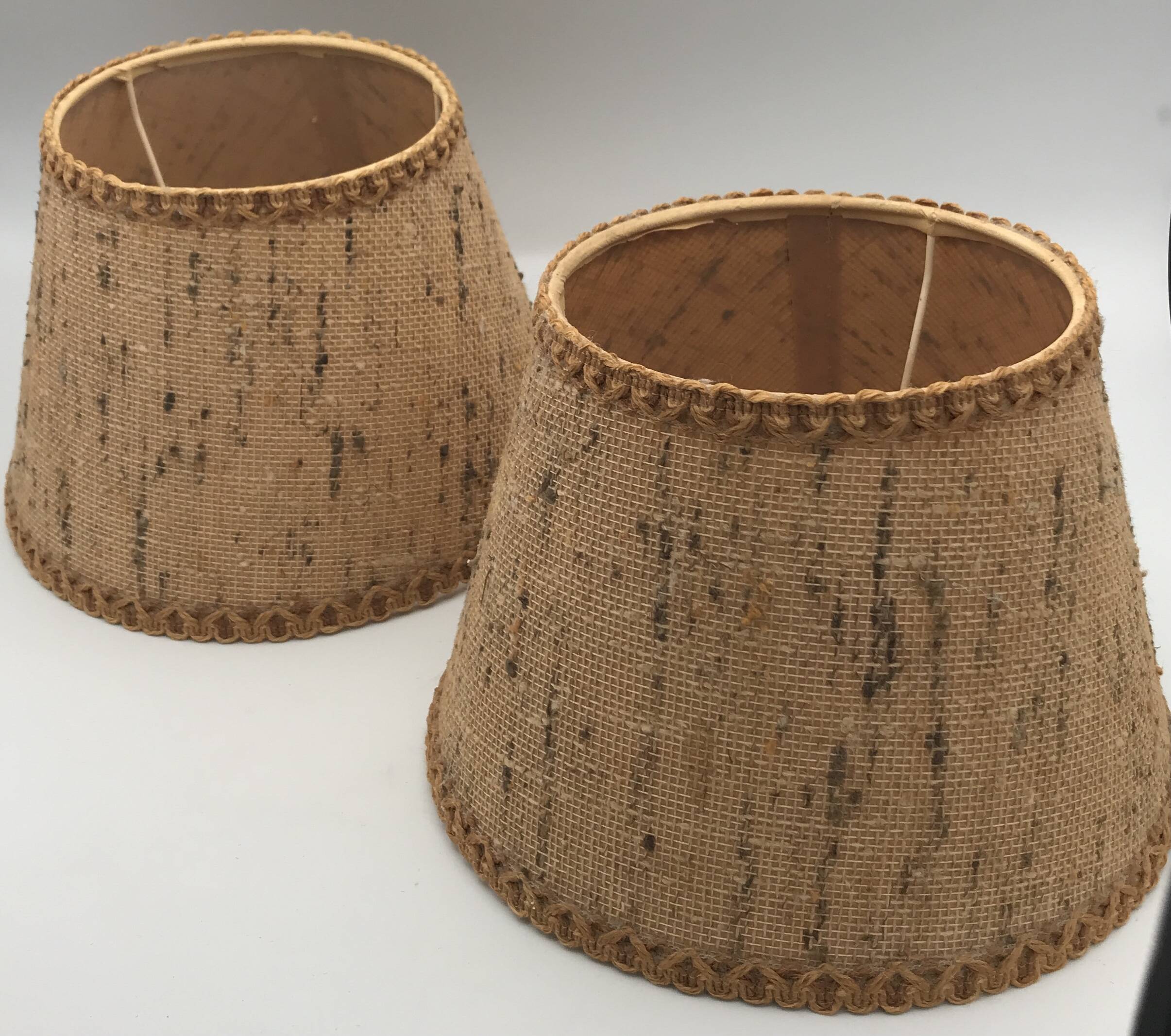 Pair of vintage burlap and braid lampshades