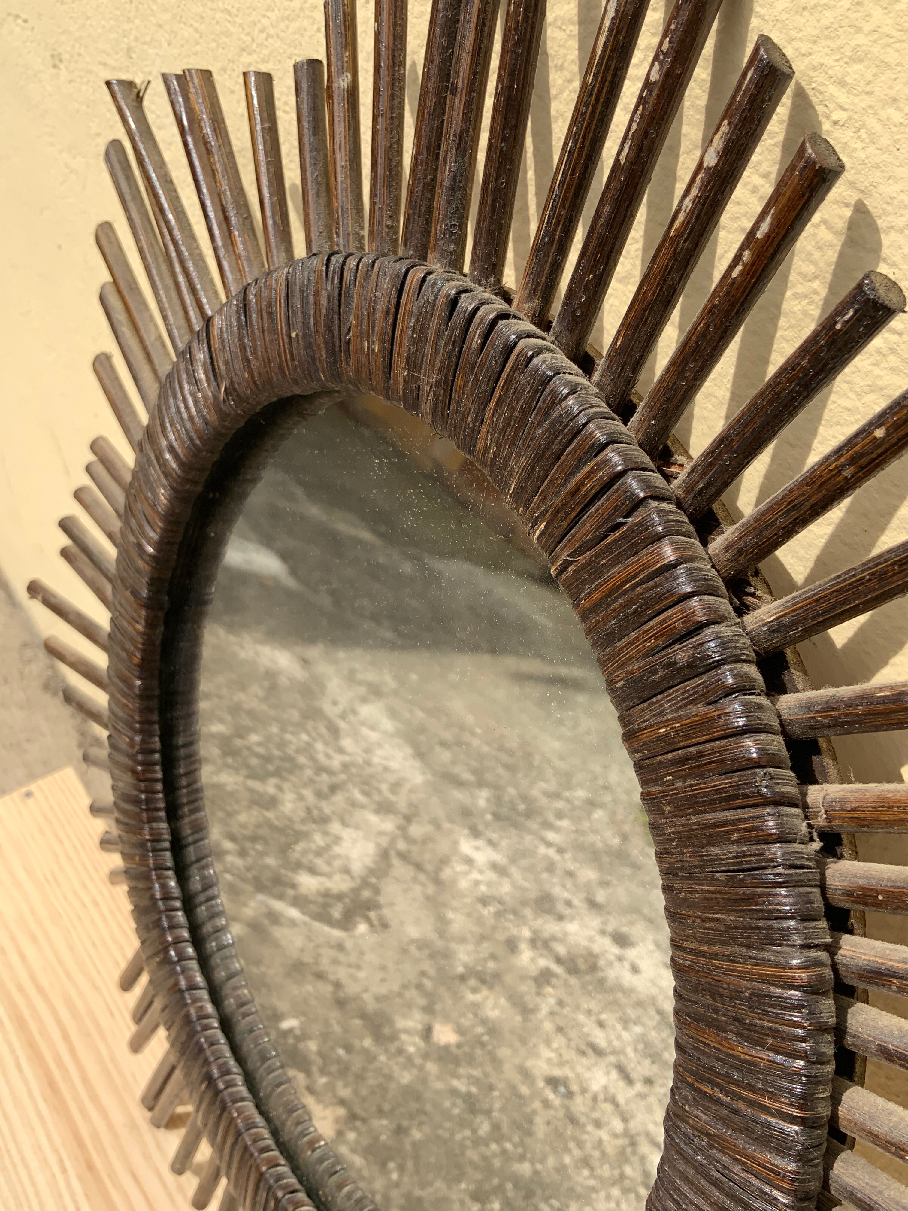 Vintage sun mirror in woven rattan diameter 45 cm retro decoration