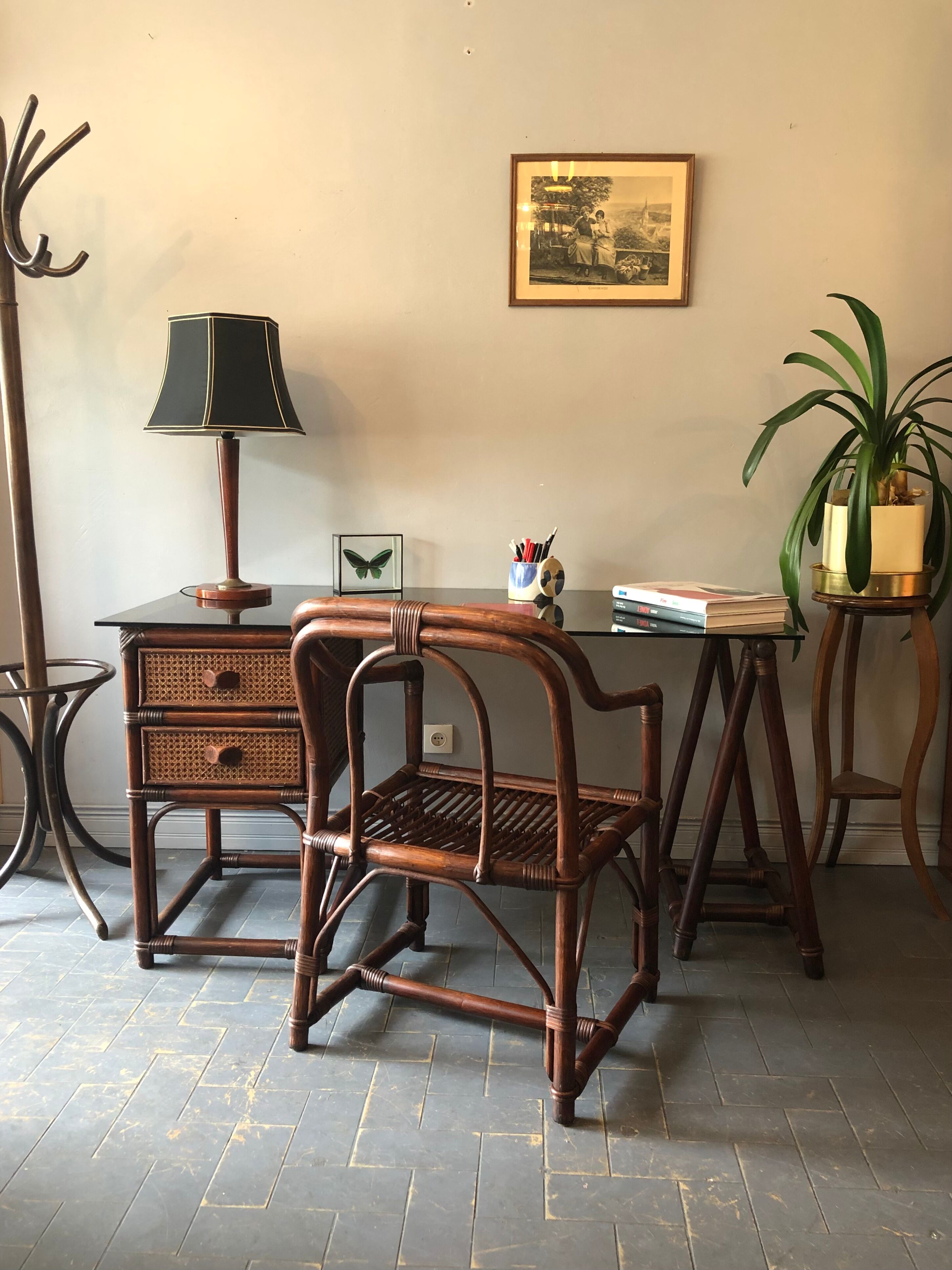 Bamboo desk and armchair, rattan 70s/80s