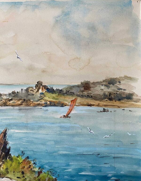 Tableau Aquarelle Bord de mer avec voilier signé daté de 1950 Pays Basque