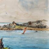 Tableau Aquarelle Bord de mer avec voilier signé daté de 1950 Pays Basque