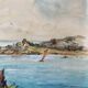 Watercolor Painting Seaside with signed sailboat dated 1950 Basque Country