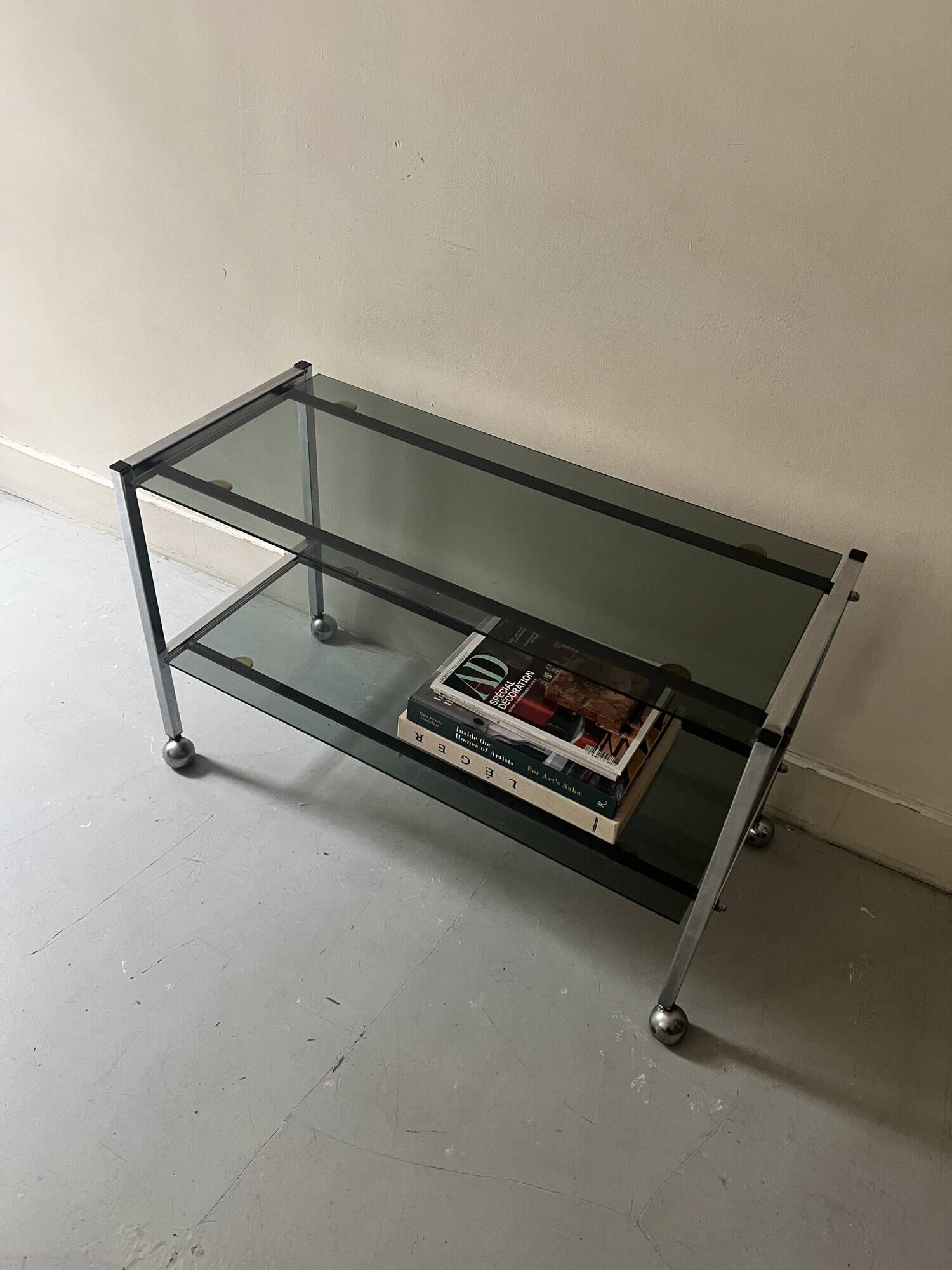 Low hi-fi/TV trolley in chrome and smoked glass, 1970s design