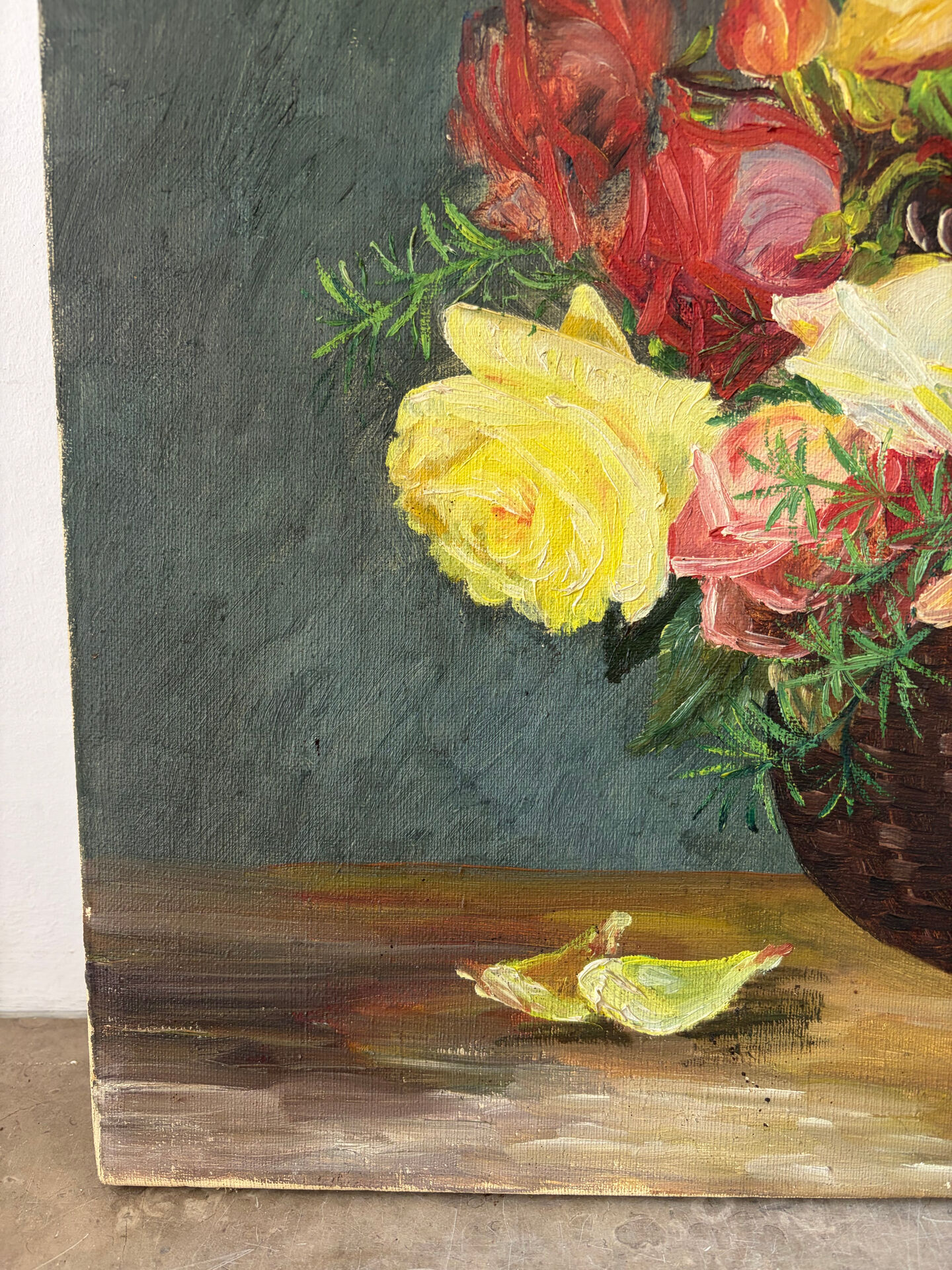 Basket of roses, oil on canvas signed