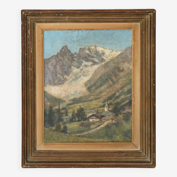 Clément castelli (1870-1959) huile sur toile "village d'entrèves. mont blanc, versant italien"