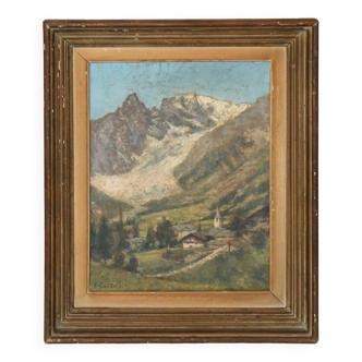 Clément castelli (1870-1959) huile sur toile "village d'entrèves. mont blanc, versant italien"