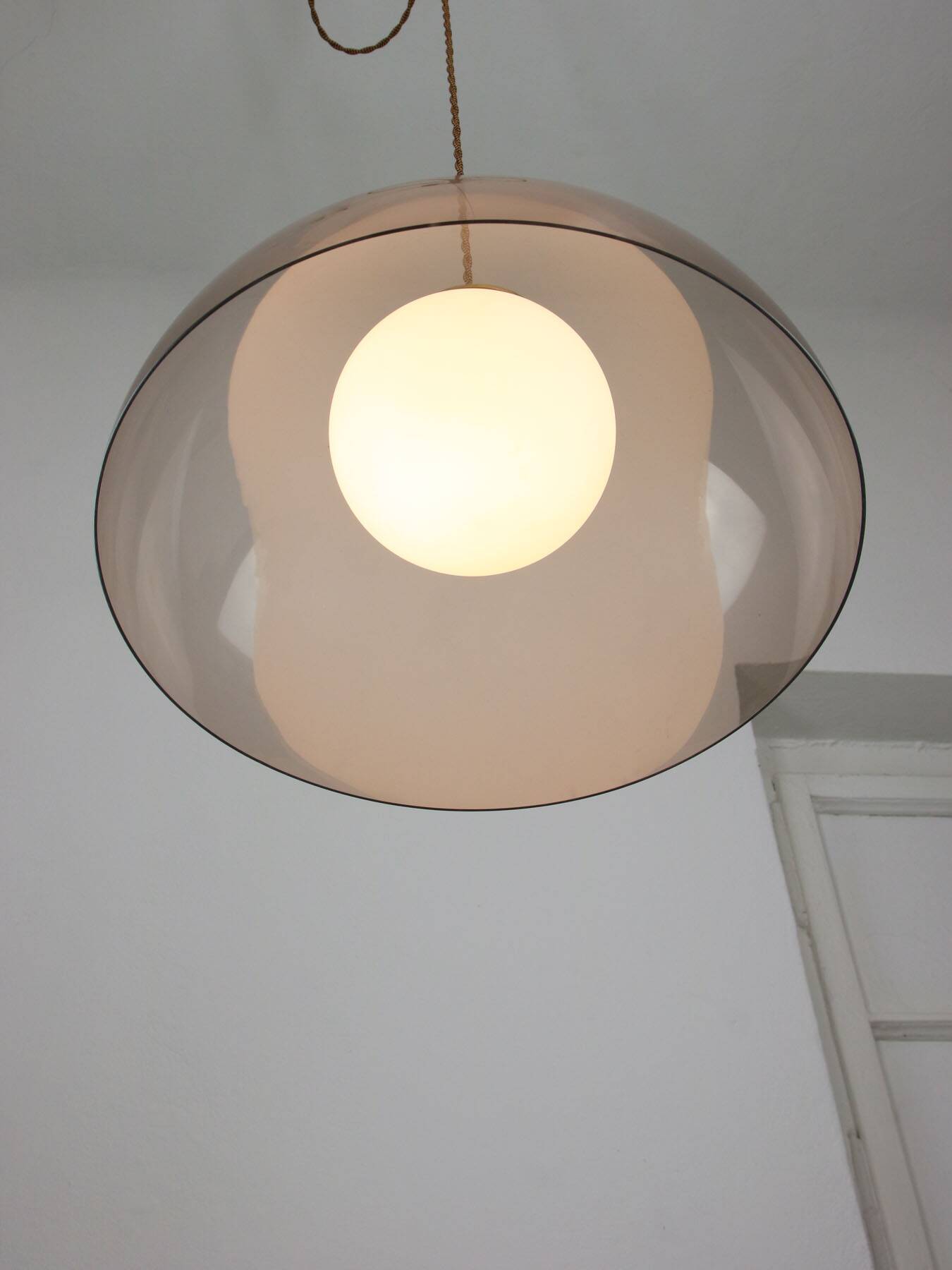 Space-age italian brass, opaline and plexiglass pendant lamp