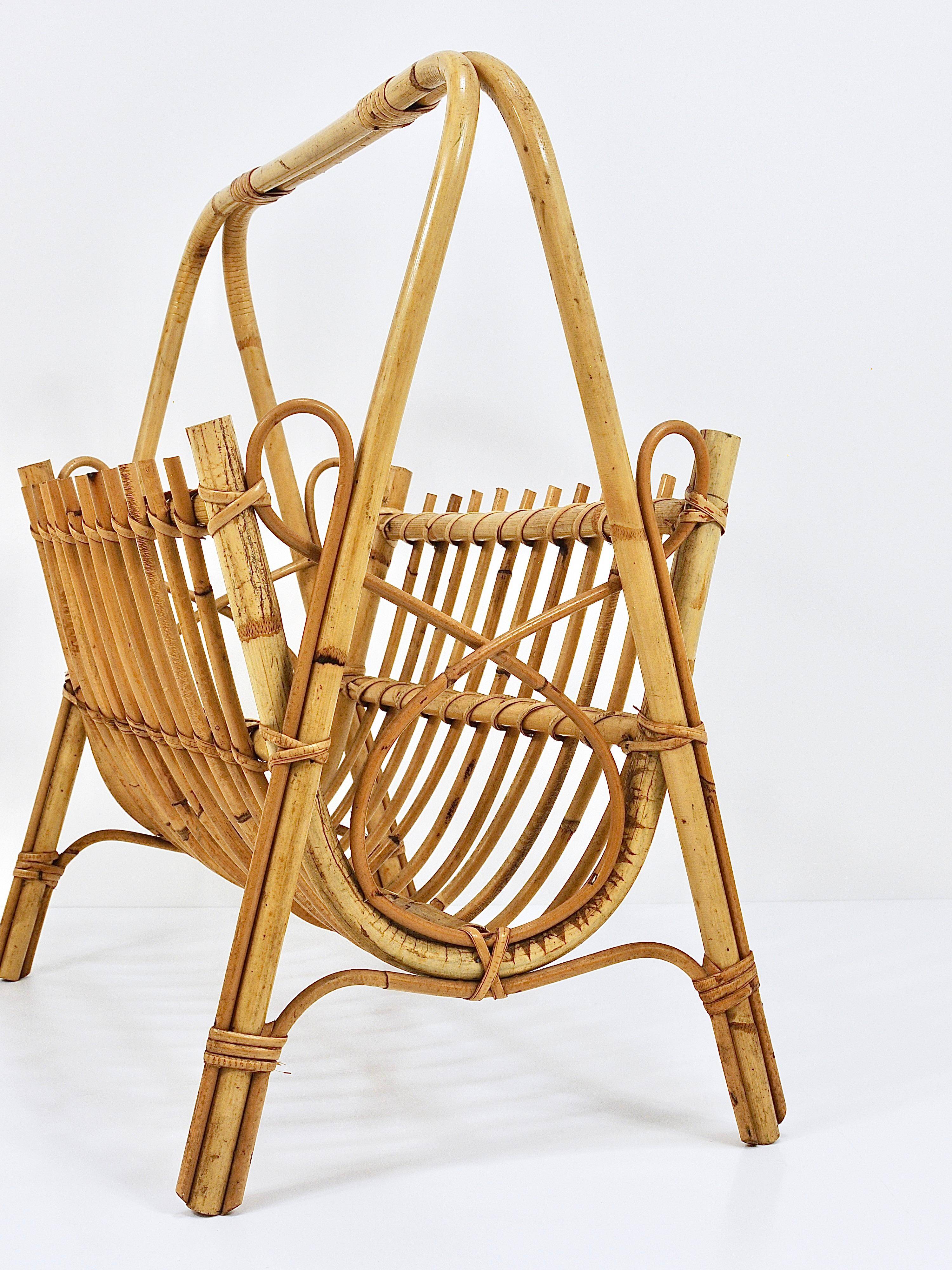 Bamboo and rattan magazine rack in the style of Franco Albini, Italy, 1950s.