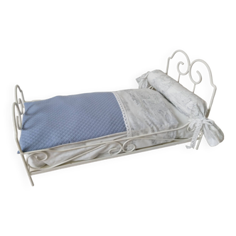 Cradle, vintage metal doll's bed, toile de Jouy style covering