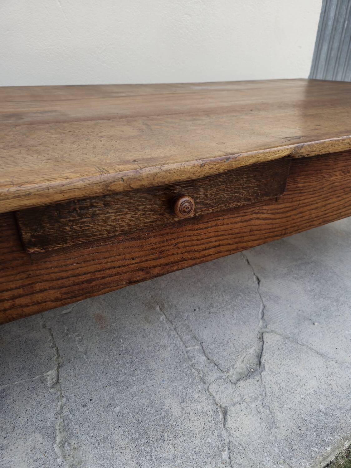 Rustic farmhouse coffee table with two drawers, solid oak, 19th century - 1.97m