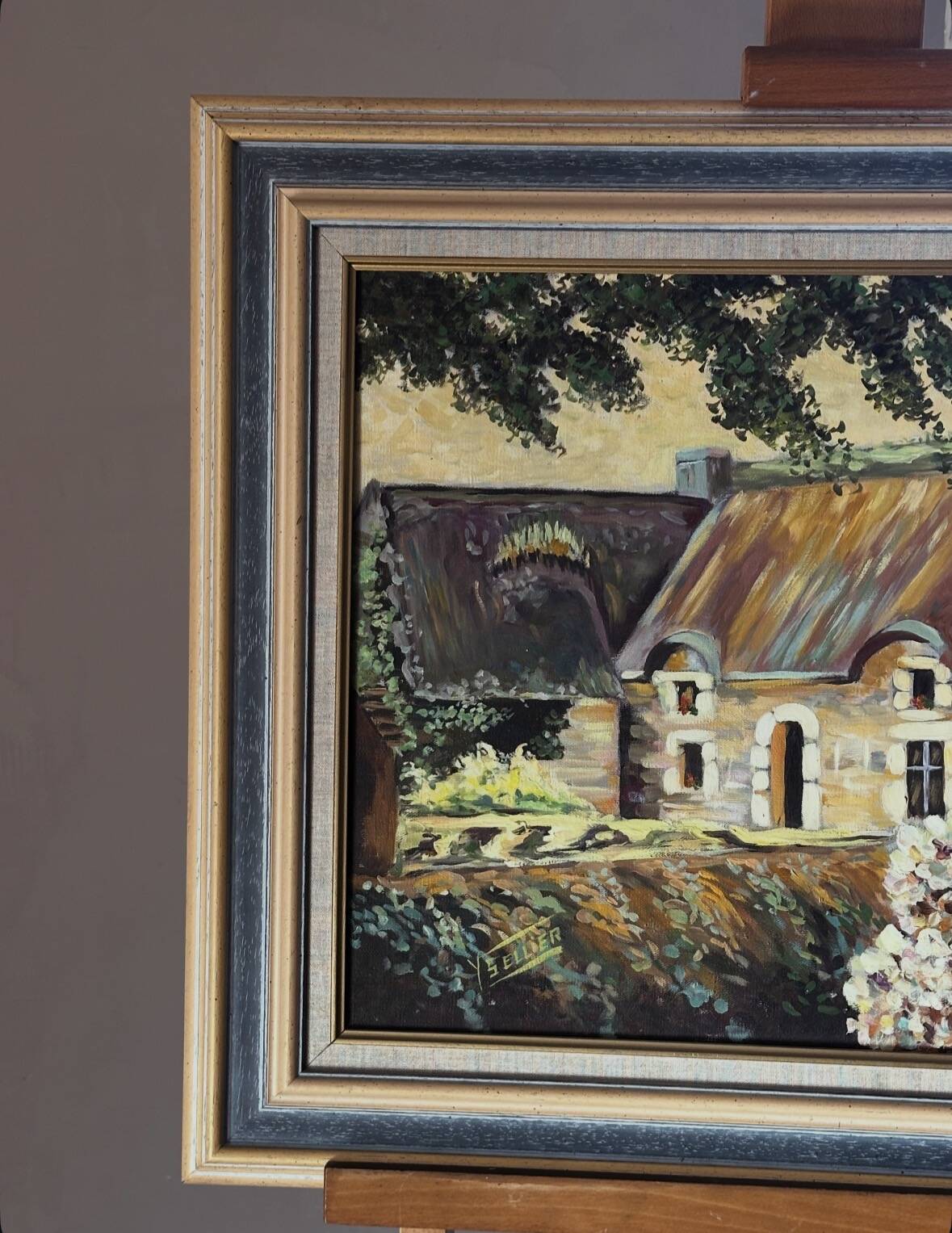 Oil on canvas framed – House with hydrangeas, Yvonne Sellier