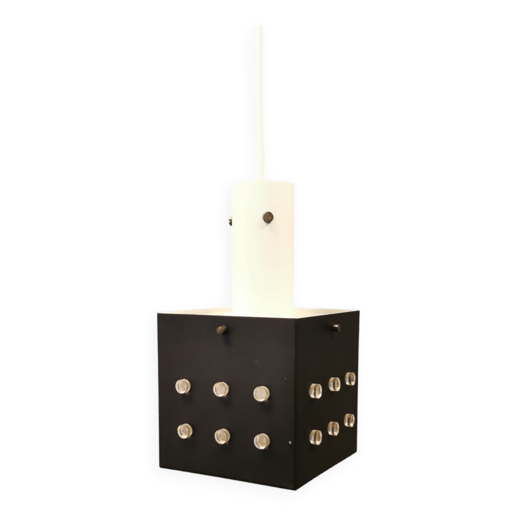 Lampe suspendue carrée de l’ère spatiale en métal laqué blanc et noir.