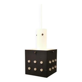 Space-Age square hanging lamp in white and black lacquered metal.