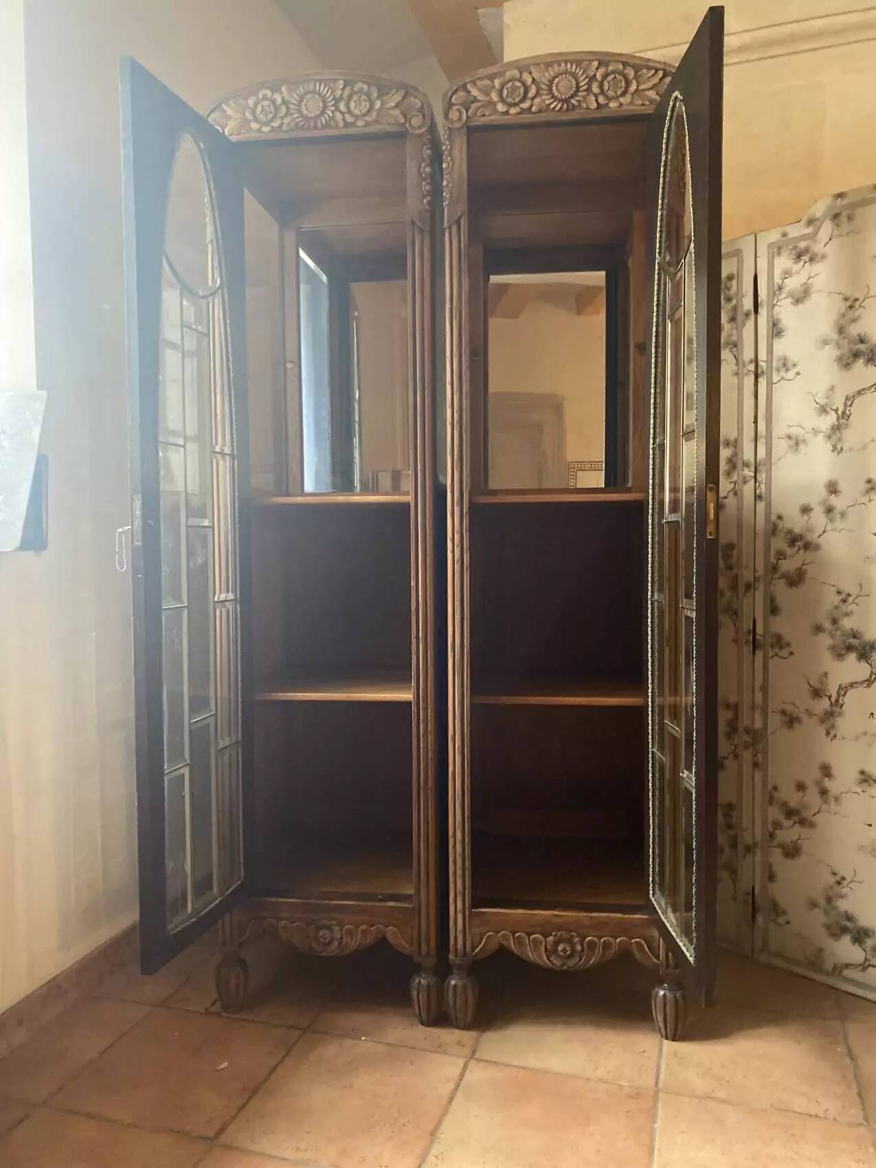 Pair of Art Deco display cabinets in solid oak