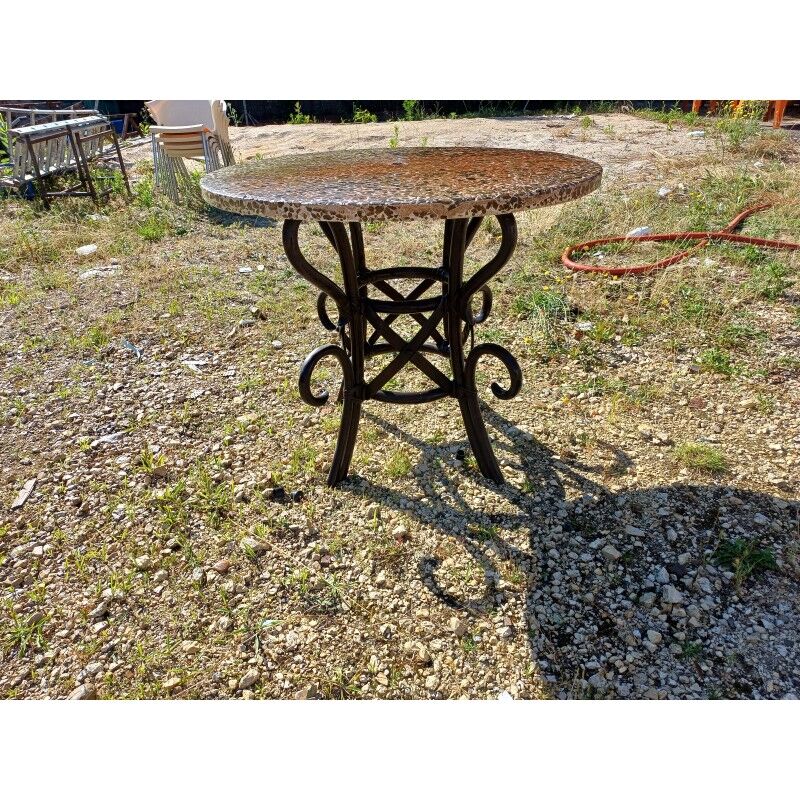 Vintage rattan table with reconstituted cement and stone top