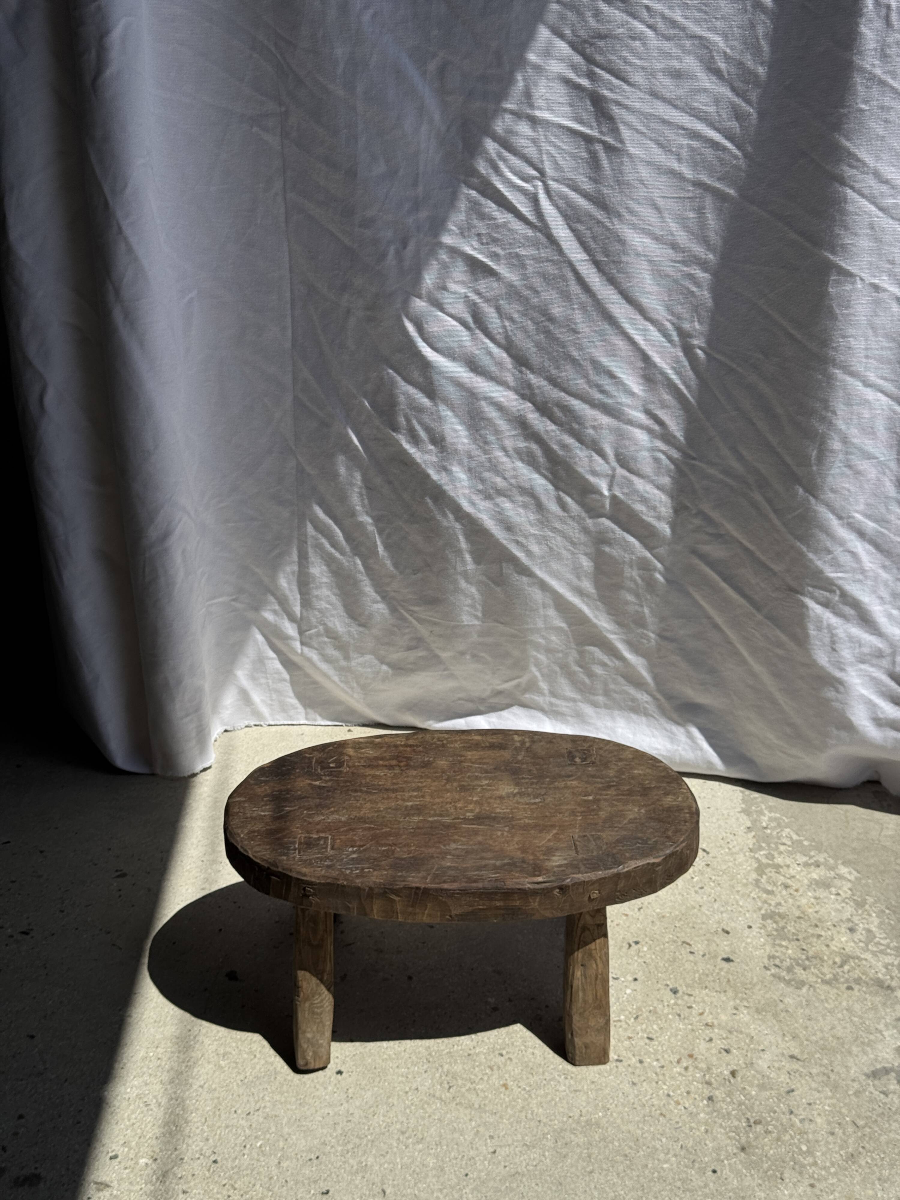 Small stool or small oval side table in solid teak wabi-sabi H24 53