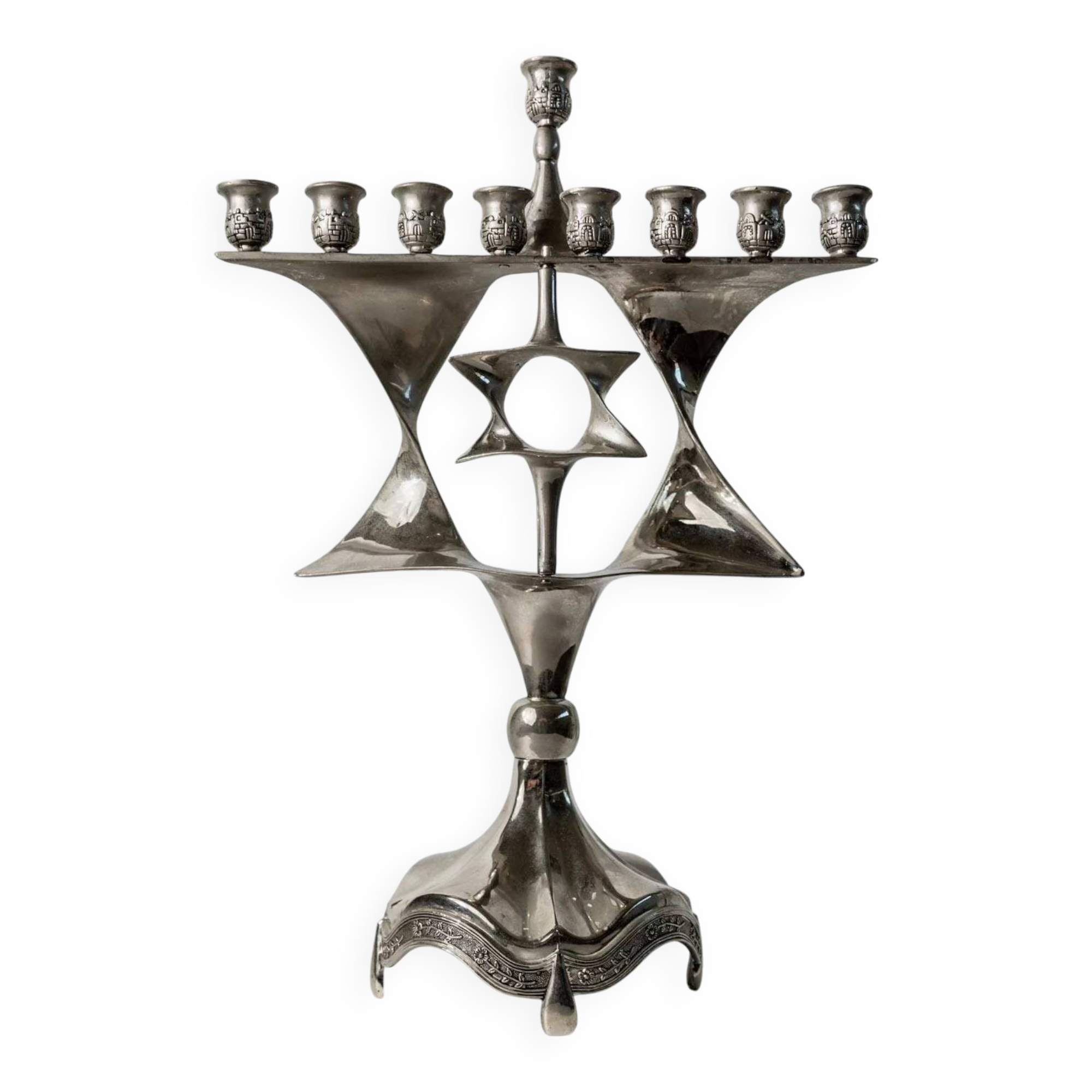 Vintage 1960s silver-plated menorah for Hanukkah, Mid-Century design with rotating Star of David, Judaica decoration, elegant gift idea.