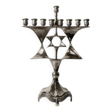 Ménorah vintage des années 1960 en métal argenté, pour Hanoucca, design Mid-Century avec étoile de David rotative, décoration judaïca, idée cadeau élégante