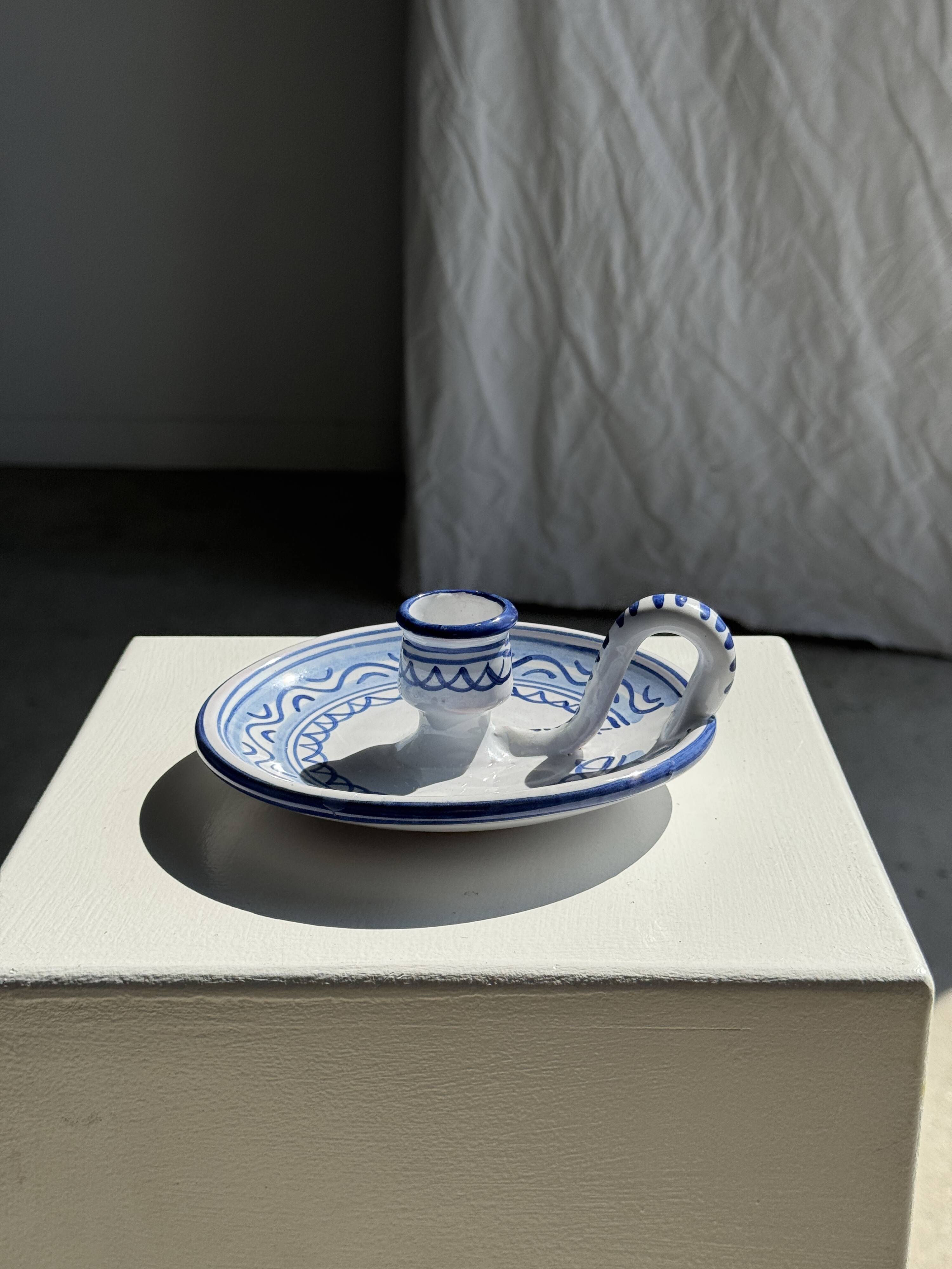 Small handmade white candle holder with blue geometric frieze pattern H7