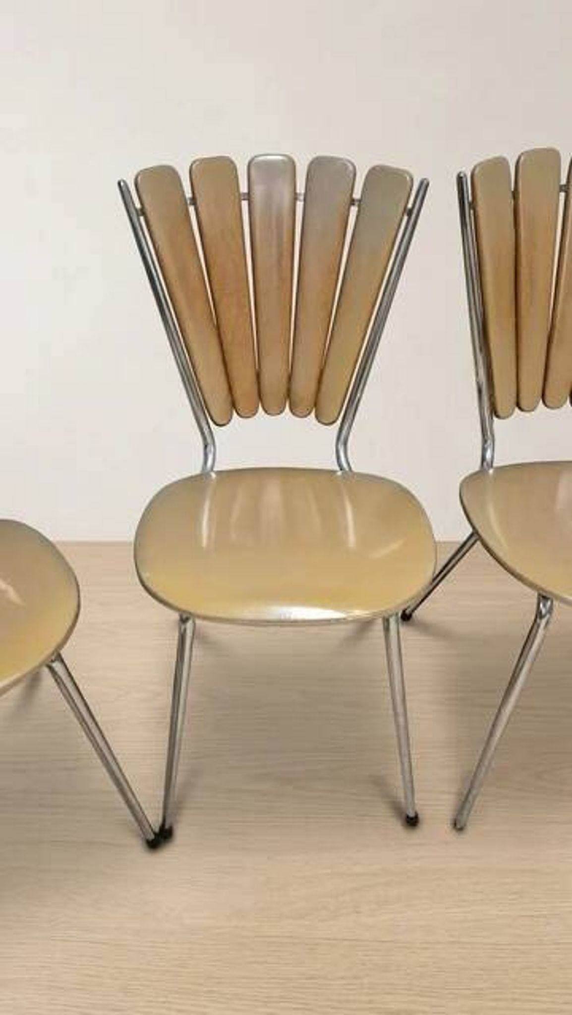 Set of 6 vintage fan-back dining chairs with beige leatherette upholstery