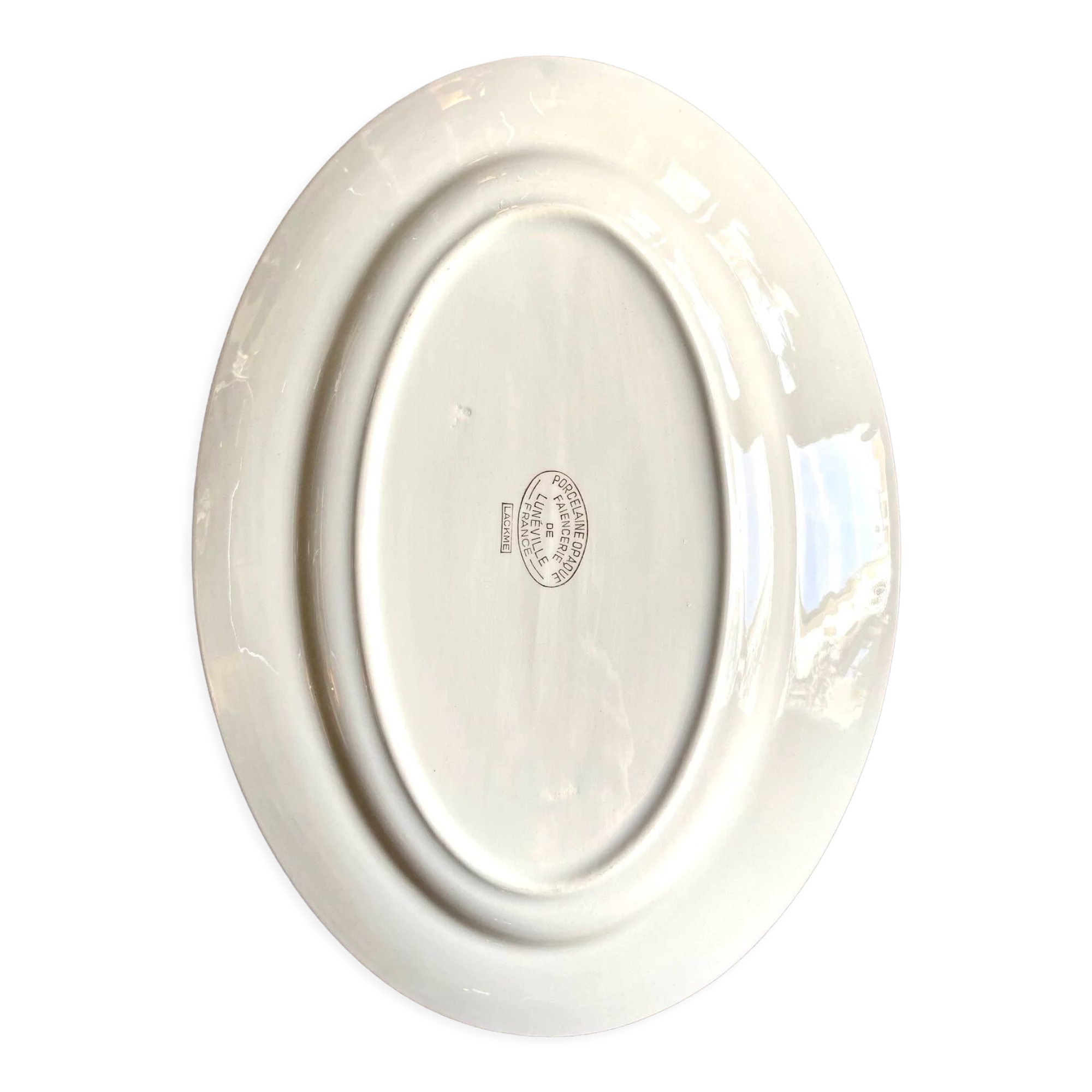 Luneville oval dish in water-green and golden opaque porcelain
