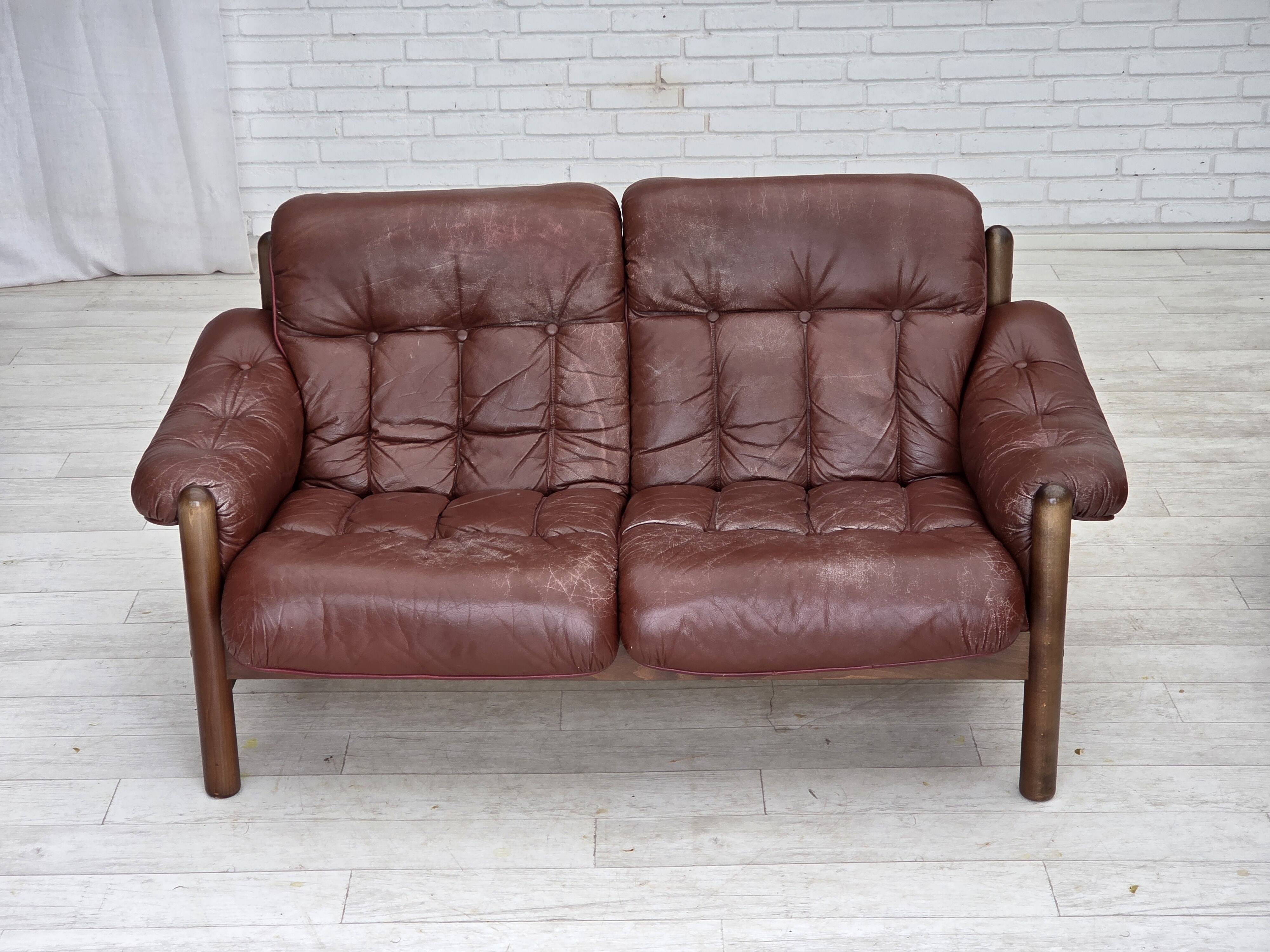 1970s, 2-seater Swedish sofa, brown leather with patina, dark beech wood.