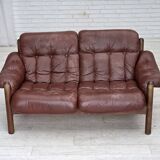 1970s, 2-seater Swedish sofa, brown leather with patina, dark beech wood.