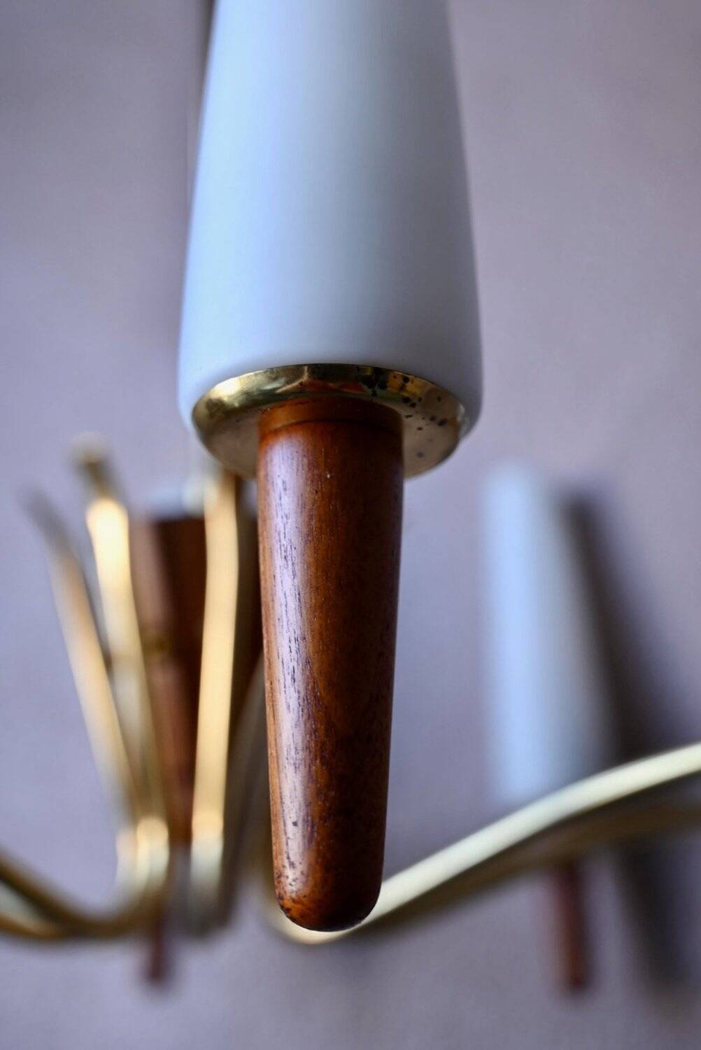 Scandinavian mid-century chandelier, teak, brass, opaline glass, 8 arms, 1950-1960.