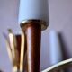 Scandinavian mid-century chandelier, teak, brass, opaline glass, 8 arms, 1950-1960.