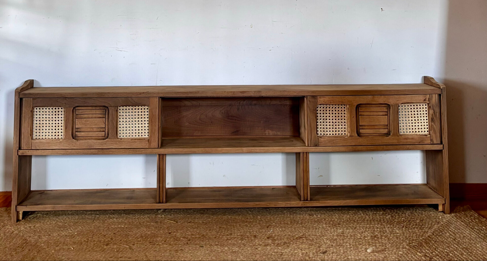 Vintage oak sideboard TV unit with raw finish and caning.