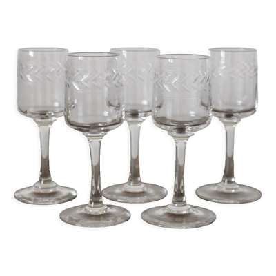 5 verres à pied à digestif en cristal gravé frise feuilles de lauriers