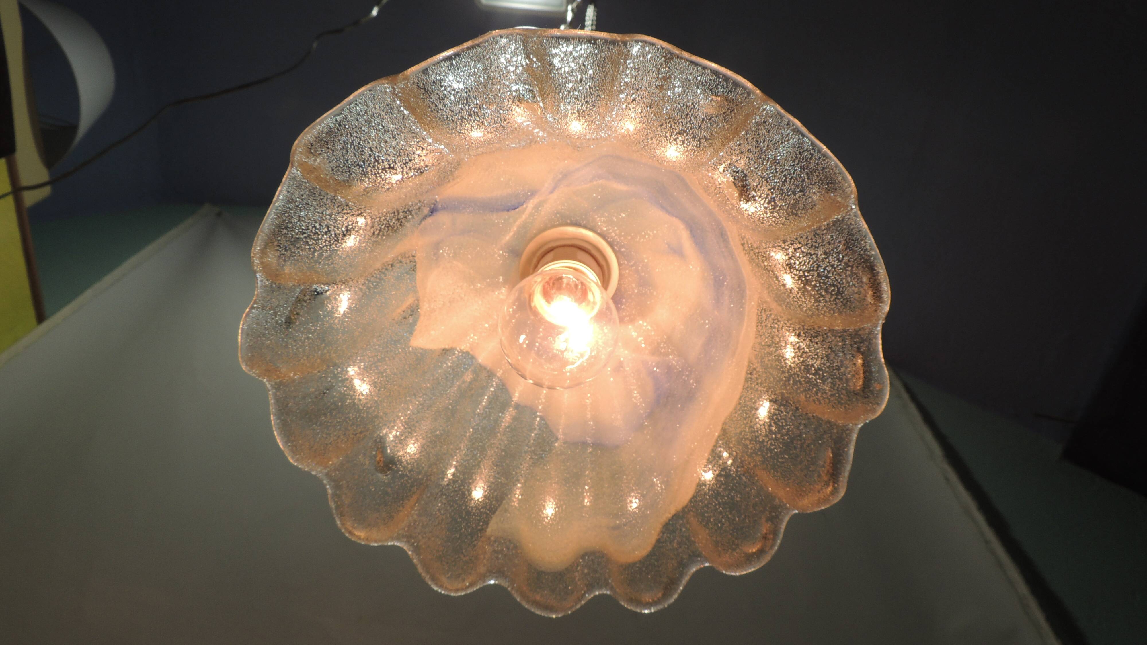 Vintage Murano blown glass suspension lamp with blue and white shell.