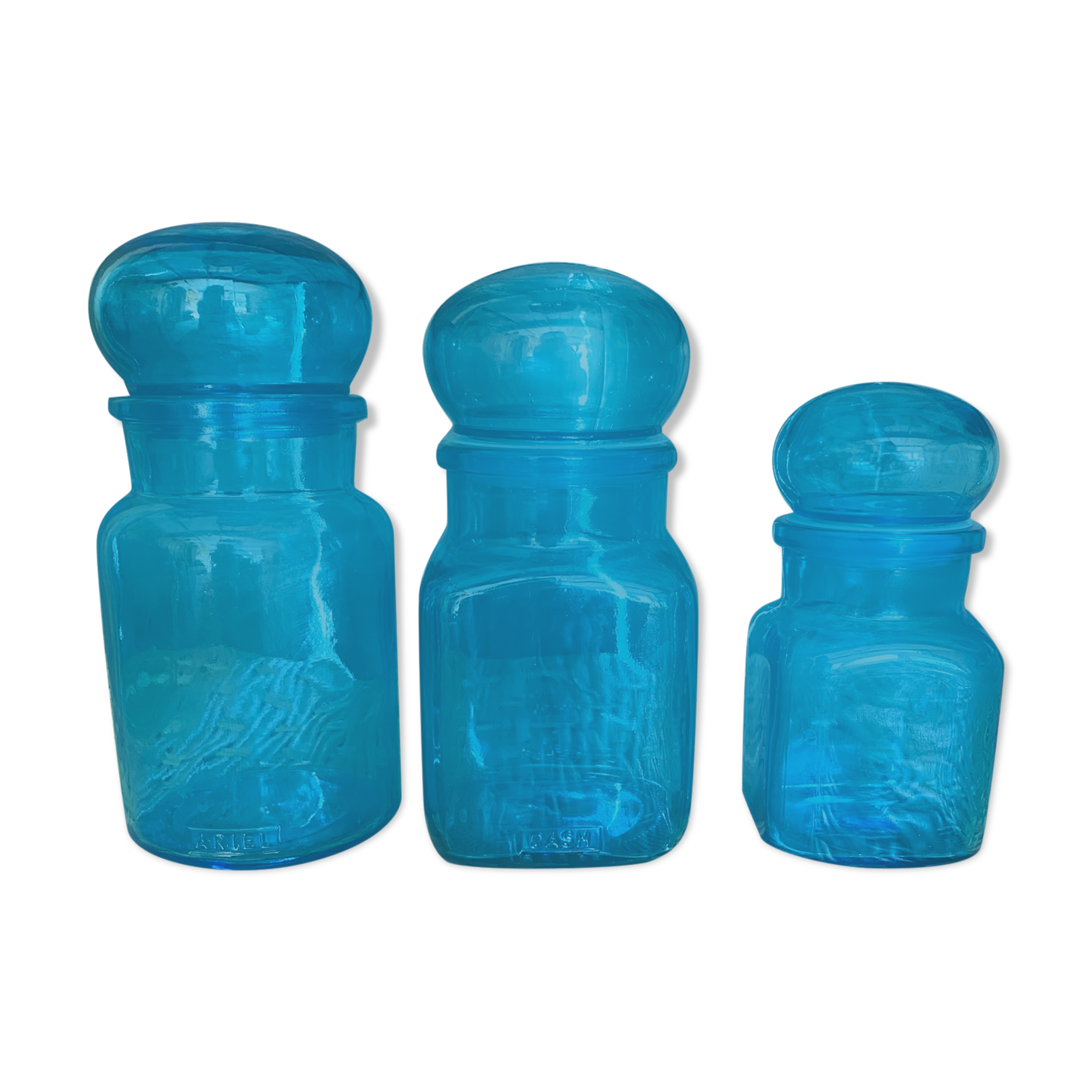 Trio of jars apothecary bottle in blue glass with round cap