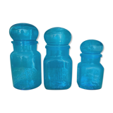 Trio of jars apothecary bottle in blue glass with round cap