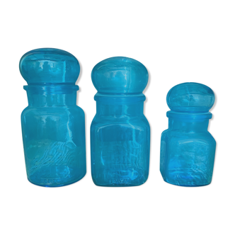 Trio of jars apothecary bottle in blue glass with round cap
