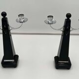 Art Deco Candlesticks in Black Lacquer, Oak & Nickel, Netherlands, 1930s, Set of 2