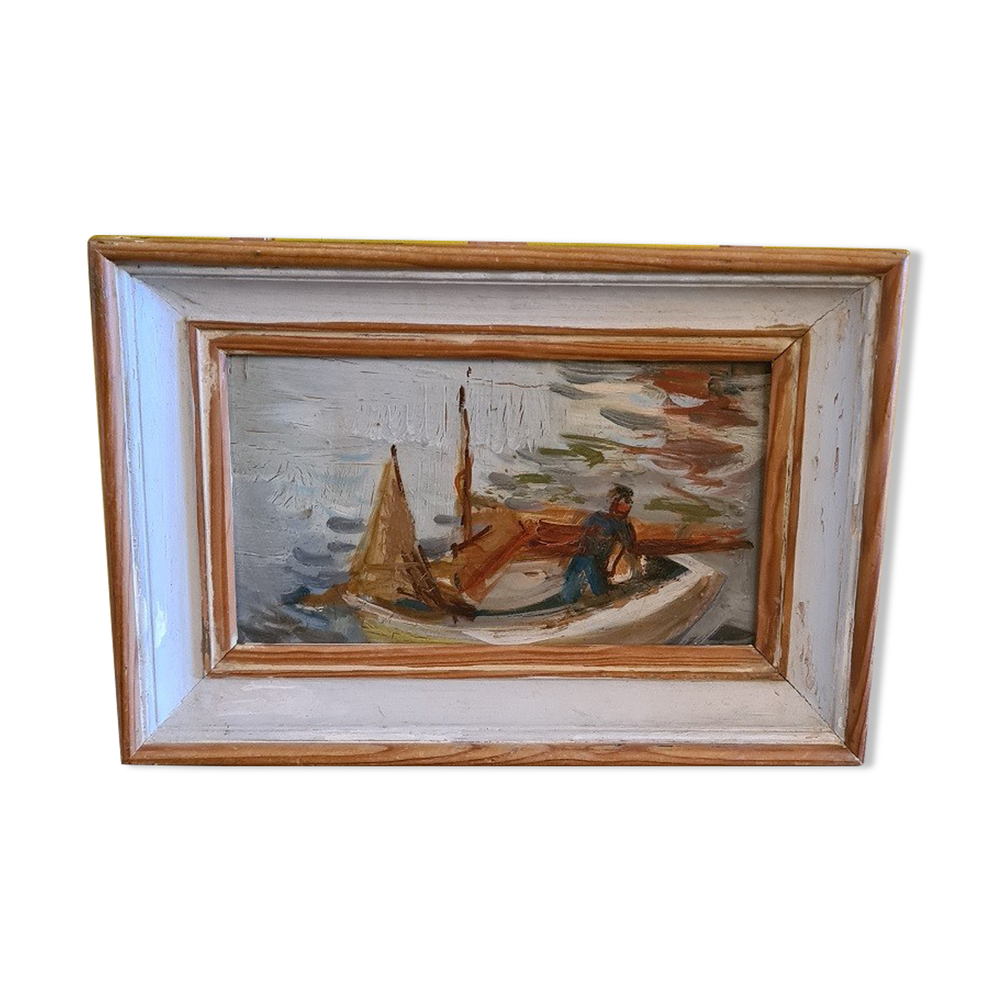Old Painting Fisherman In Boat. 1st half 20th century