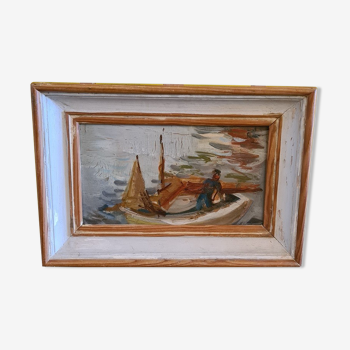 Old Painting Fisherman In Boat. 1st half 20th century