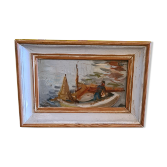 Old Painting Fisherman In Boat. 1st half 20th century