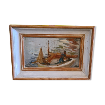 Old Painting Fisherman In Boat. 1st half 20th century