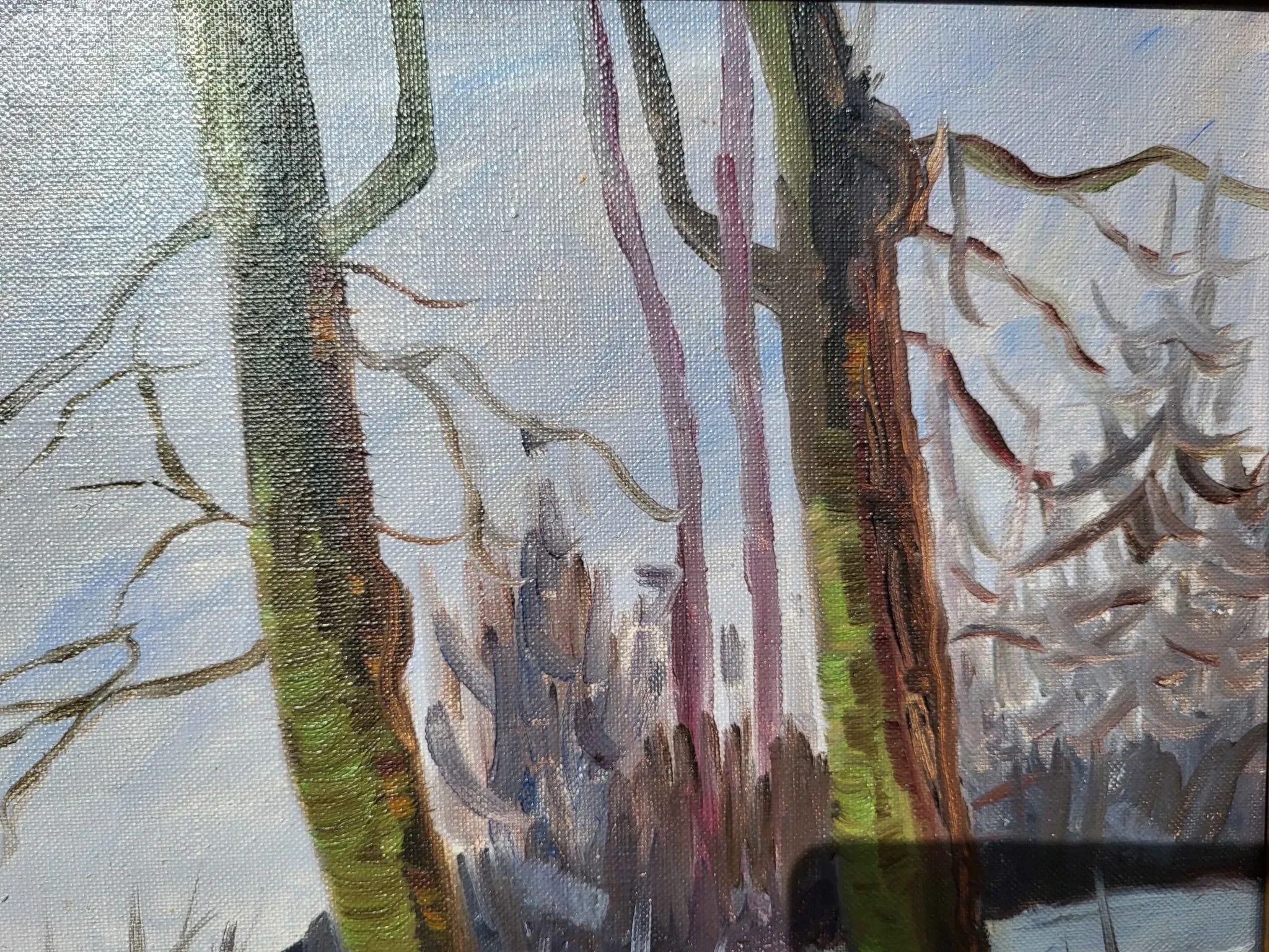 Vintage Winter Landscape with Birch Trees Oil Painting