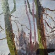 Vintage Winter Landscape with Birch Trees Oil Painting